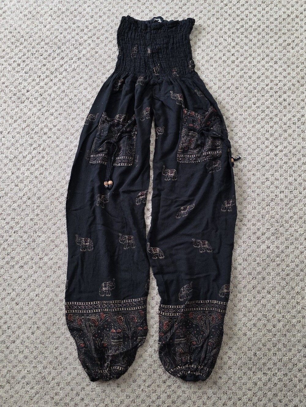 Black Elephant Print Smocked Waist Harem Pants